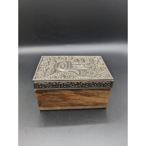World Market Namaste Jewelry Trinket Box Keepsake Wood Embossed Metal Hand 6x4x3 - Picture 1 of 7